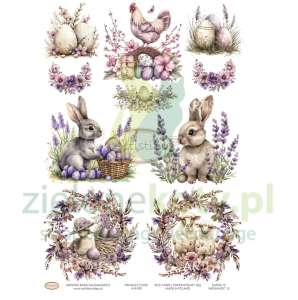 Papier ryżowy decoupage Artistiko Wielkanoc fiolet zajączki kury