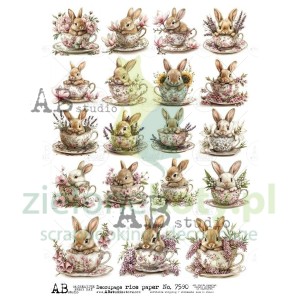 Papier ryżowy decoupage  AB Studio A4 Zajączki w filiżankach x