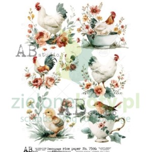 Papier ryżowy decoupage  AB Studio A4 kury i koguty w kwiatach