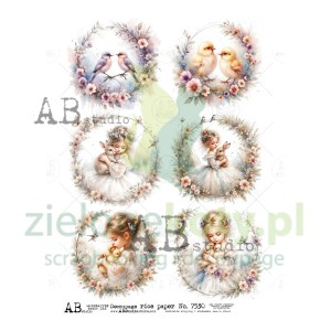 Papier ryżowy decoupage  AB Studio A4 dziewczynki z zajączkami
