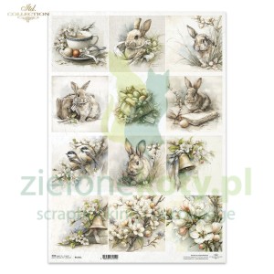Papier ryżowy ITD Collection A3 zajączki kwiaty jabłoni