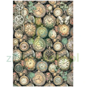 Papier ryżowy decoupage Stamperia A4 Gardens of Time tło zegary