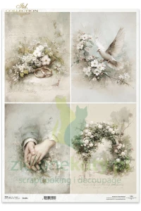Papier ryżowy ITD Collection A3 Written in Flowers motywy ślubne obrączki gołąb pergola dłonie
