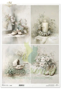Papier ryżowy ITD Collection A3 Written in Flowers delokatne motywy dziecięce vintage chrzest buciki świeca wózek