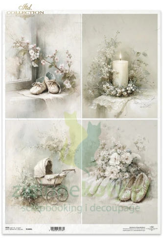 Papier ryżowy ITD Collection A4 Written in Flowers delokatne motywy dziecięce vintage chrzest buciki świeca wózek.jpg