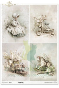 Papier ryżowy ITD Collection A3 Written in Flowers delikatne motywy dziecięce vintage dziewczynka rowerek konik lokmotywa