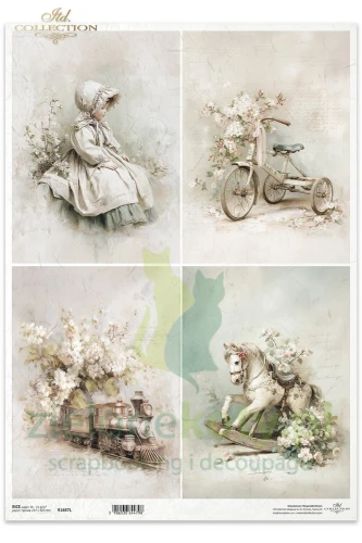 Papier ryżowy ITD Collection A4 Written in Flowers delikatne motywy dziecięce vintage dziewczynka rowerek konik lokmotywa.jpg