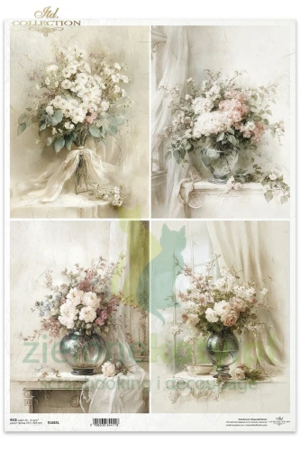 Papier ryżowy ITD Collection A4 Written in Flowers bukiety kwiatów w wazonach pastelowe róże jaśmin.jpg