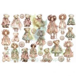 Dodatki papierowe die-cuts Prima Marketing Buttons & Keepsakes Ephemera Cherished Companions 52 szt. misie lalki