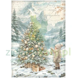 Papier ryżowy decoupage Stamperia A4 White Christmas Choinka nad wodą