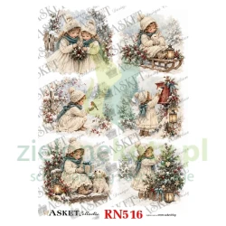 Papier ryżowy decoupage Asket A4 miękki zimowe dziewczynki w błękitnych szalikach większe