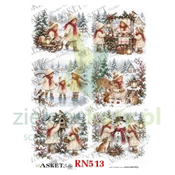 Papier ryżowy decoupage Asket A4 miękki zimowe dziewczynki w czerwonych szalikach większe
