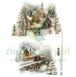 Papier ryżowy Alchemy Of Art A4 The Magic of December zimowe miasteczko pociąg