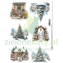 Papier ryżowy Alchemy Of Art A4 The Magic of December zimowe domki choinki