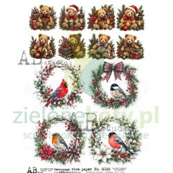 Papier ryżowy decoupage AB Studio A4 wianki z ptaszkami misie