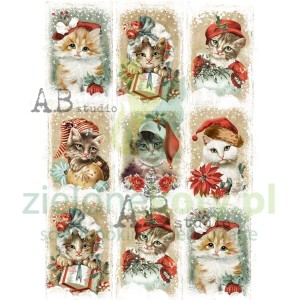 Papier ryżowy decoupage  AB Studio A4 świąteczne kotki