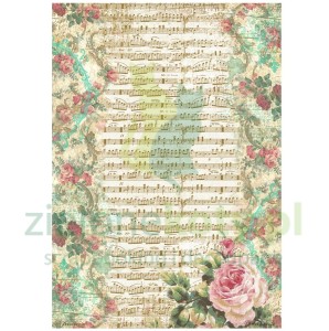 Papier ryżowy decoupage Stamperia A4 Precious piwonie nuty