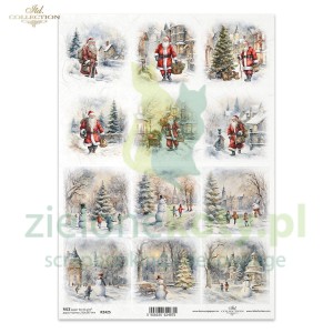 Papier ryżowy decoupage ITD Collection A4 święta Mikołaje, bałwany obrazki