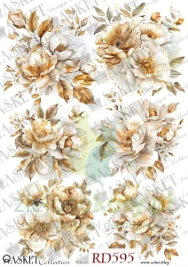 Papier ryżowy decoupage Asket A4 miękki kwiaty w złocie brązowe peonie