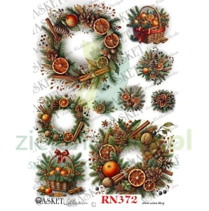 Papier ryżowy decoupage Asket A4 miękki zimowe wianki, pomarańcze