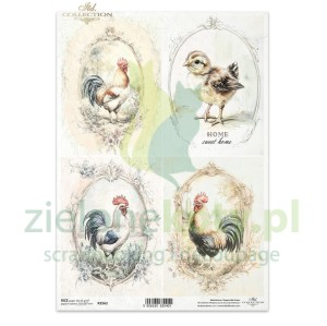 Papier ryżowy decoupage ITD Collection A4 koguty w ramkach