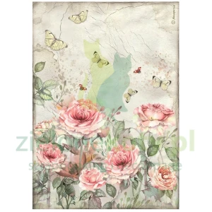 Papier ryżowy decoupage Stamperia A4 House Of Roses Roses And Butterfly kwiaty róże, motyle