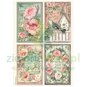 Papier ryżowy decoupage Stamperia A4 House Of Roses 4 Cards kwiaty, karty