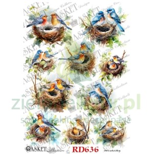 Papier ryżowy decoupage Asket A4 miękki ptaki w gniazdach