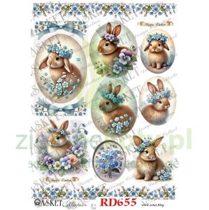 Papier ryżowy decoupage Asket A4 miękki zające niezapominajki