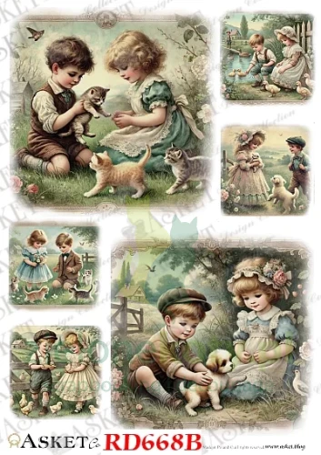 papier ryżowy RD668B retro obrazki dzieci za zwierzętami.jpg