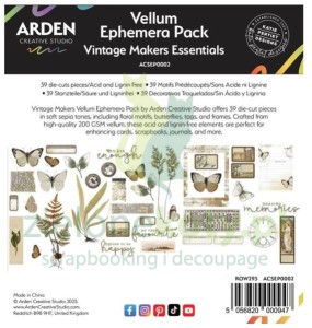 Dodatki papierowe die-cuts z kalki Arden Creative Studio Vellum Ephemera  Pack Vintage Makers Essentials 39 szt