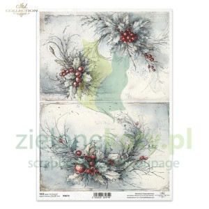 Papier ryżowy ITD Collection A4 Święta vintage ostrokrzew 