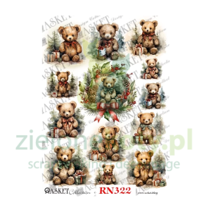 Papier ryżowy decoupage Asket  A4 Świąteczne pluszowe misie