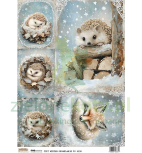 Papier ryżowy A4 ScrapLove Ośnieżona przytulna zima 12 jeże lis